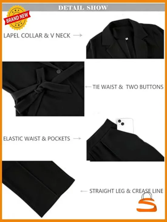 Professional Two-Piece Pantsuit Set with Belt, Polyester Spandex, S-2XL - Picture 5 of 7